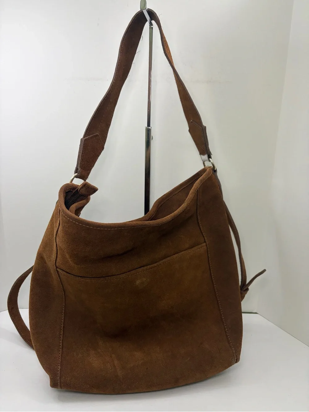 Cognac Brown Suede Leather Bohemian Hobo Crossbody Multi Gold Zipper Purse Bag